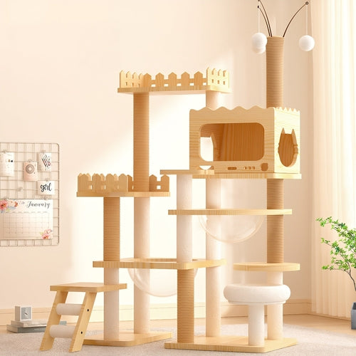 66.9" Modern Wood Cat Tree Tower – Multi-Level Cat Condo with Sisal