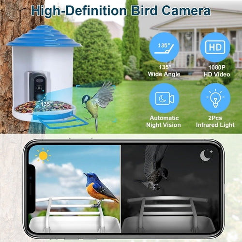 Smart Bird Feeder With Solar Powered Camera 1080P HD AI Identify PIR