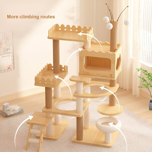 66.9" Modern Wood Cat Tree Tower – Multi-Level Cat Condo with Sisal