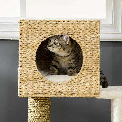 PawHut Cattail Weave Cat Tree For Indoor Cats Kitty Tower With Rattan