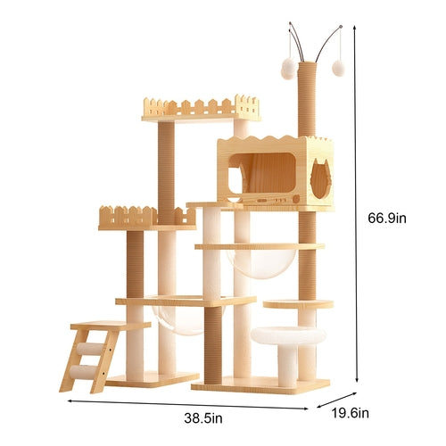 66.9" Modern Wood Cat Tree Tower – Multi-Level Cat Condo with Sisal