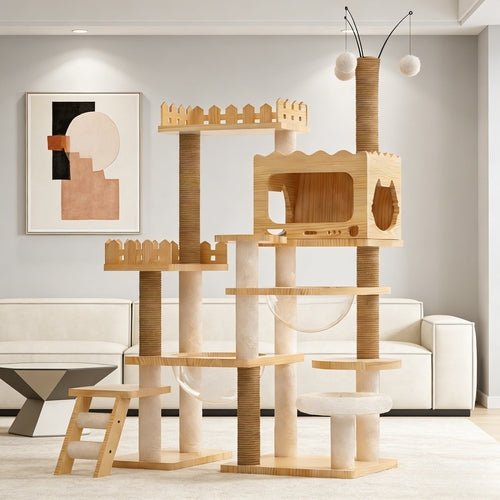 66.9" Modern Wood Cat Tree Tower – Multi-Level Cat Condo with Sisal