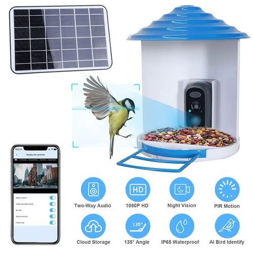 Smart Bird Feeder With Solar Powered Camera 1080P HD AI Identify PIR